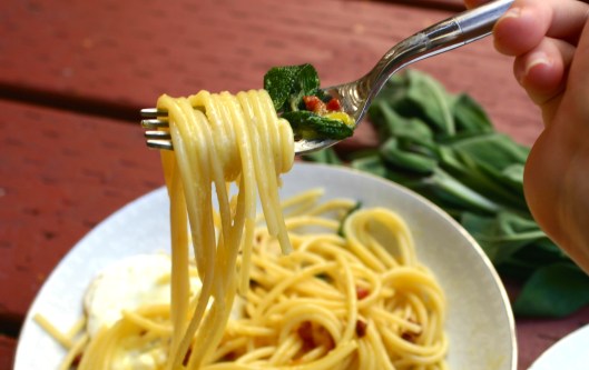 Spaghetti with Sage, Pancetta and Fried Egg Recipe